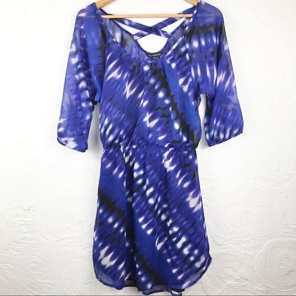 Express Black and Cobalt Tie Dye Chiffon Dress - Picture 1 of 13